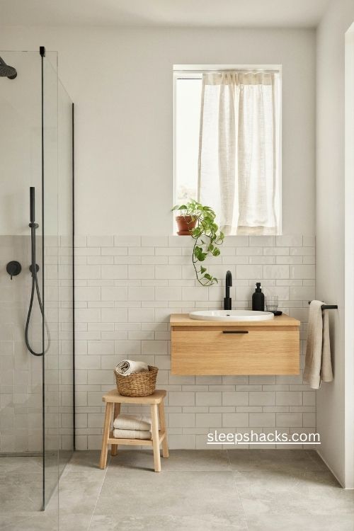 white bathroom with matte black fixtures and subway tile 