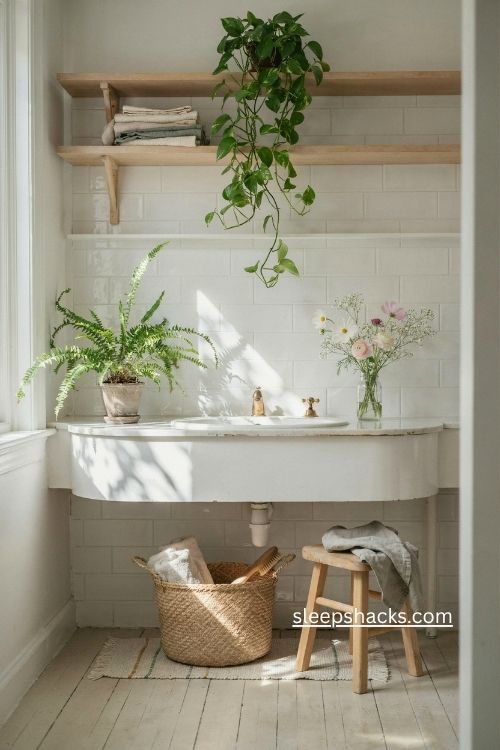 white bathroom with plants fresh flowers and soft natural light 