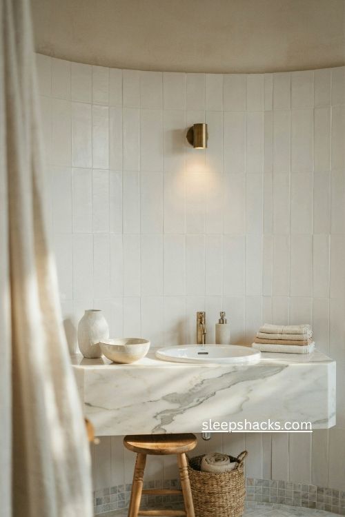 white bathroom with soft gray veined marble vanity 