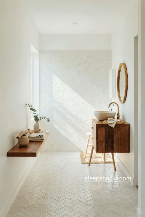 white bathroom with walnut vanity driftwood and herringbone tile 