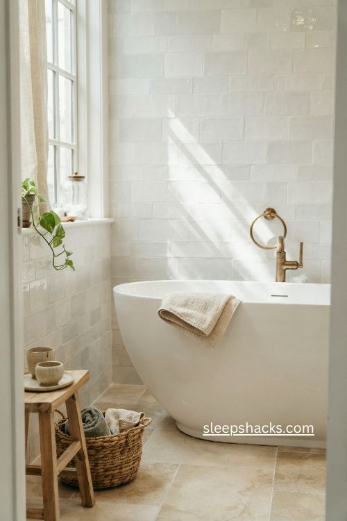 white bathroom with warm wood greenery and soft morning sunlight 