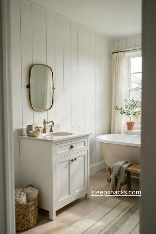 white farmhouse bathroom with shiplap walls shaker cabinets and wood accents 