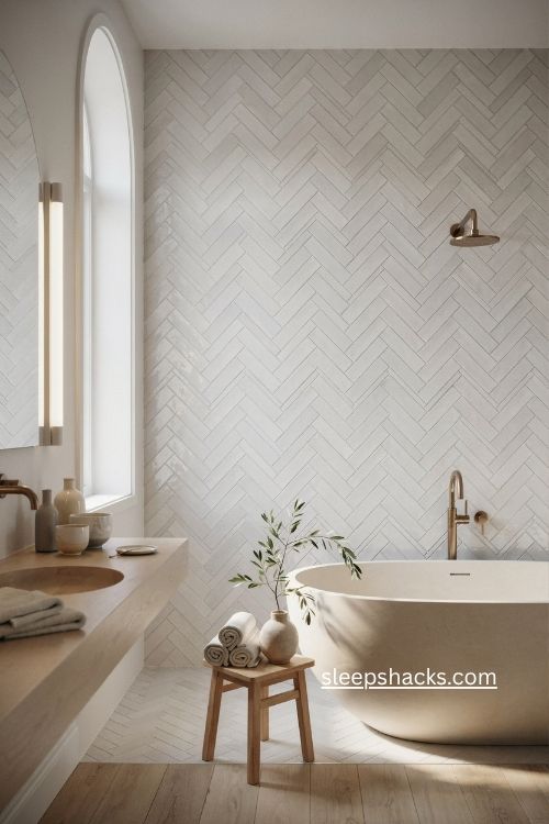 white herringbone bathroom tile with brass fixtures and warm details 