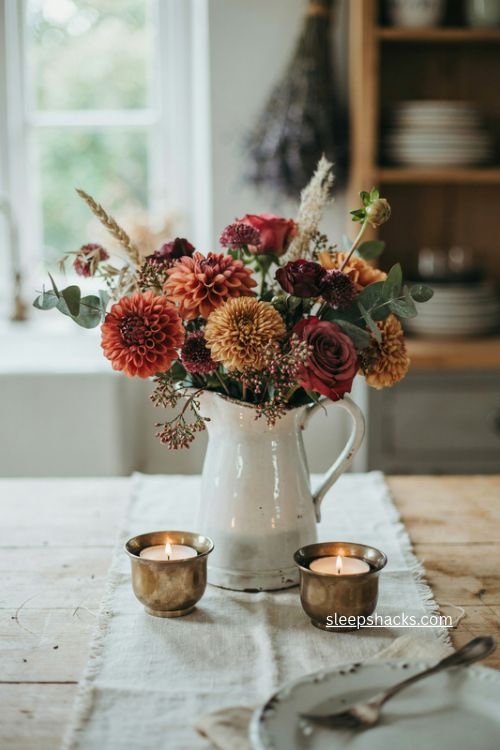 white ironstone pitcher with autumn flowers rust gold and burgundy fall table centerpiece 