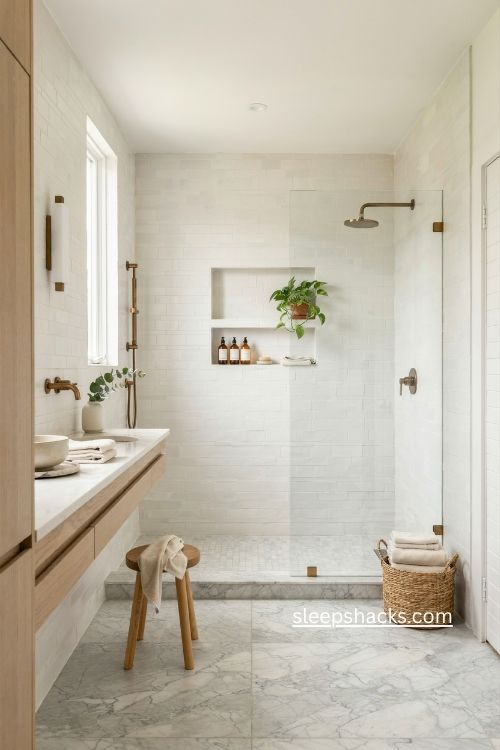 white walk in shower with subway tile clear glass and marble floor 