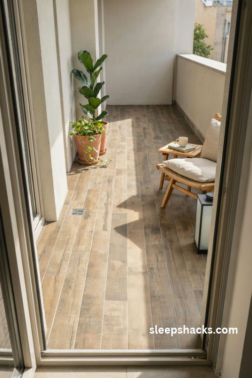 wood look porcelain plank tiles for a warm and inviting small balcony floor