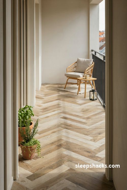 wood look porcelain plank tiles in a herringbone pattern for a stylish balcony floor