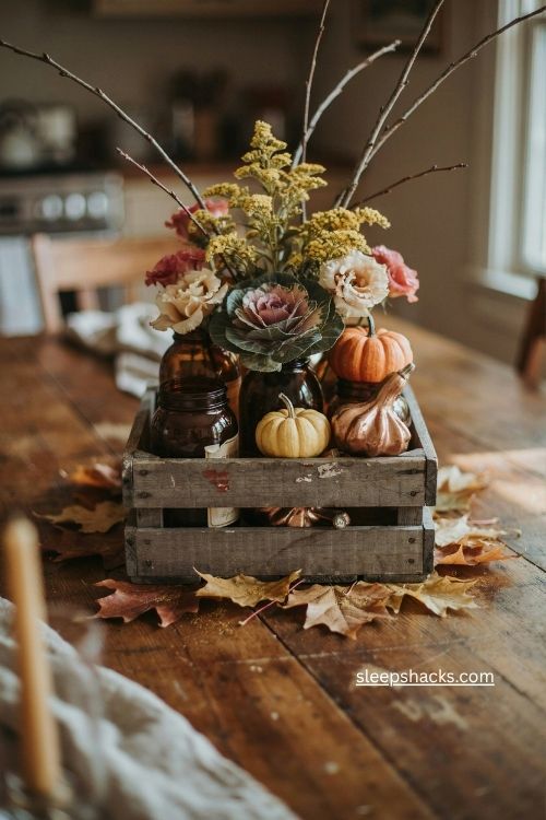 wooden crate fall centerpiece with branches mini gourds and rustic florals 