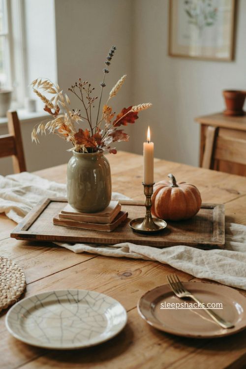 wooden tray fall centerpiece with vase candle pumpkin and vintage books 