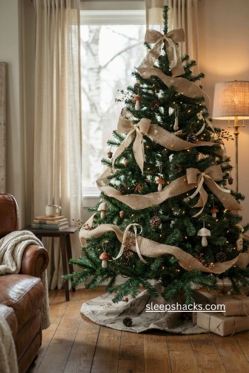 woodsy christmas tree with burlap ribbon pinecones cream accents and farmhouse charm 