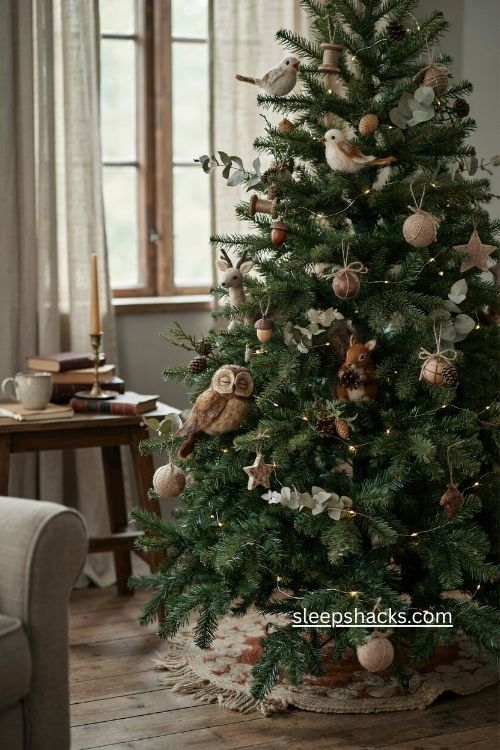 woodsy christmas tree with felt birds deer owls and squirrel woodland ornaments 