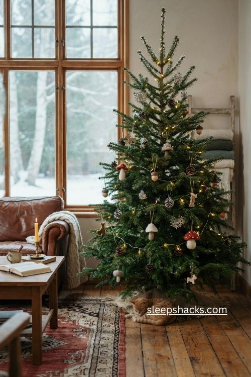 woodsy christmas tree with frosted glitter pine branches pinecones and winter sparkle 