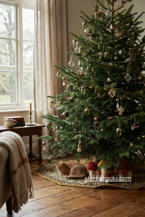 woodsy christmas tree with green glass acorns cream tassel balls and warm lights 
