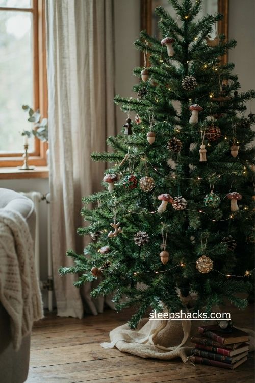 woodsy christmas tree with jeweled pinecones burgundy antique gold and warm lights 