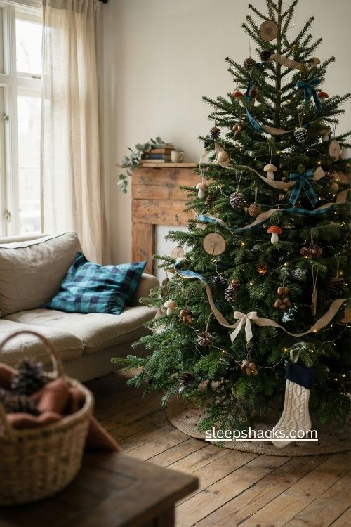 woodsy christmas tree with navy turquoise buffalo check ribbon burlap and pinecones 