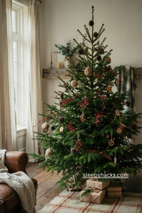 woodsy christmas tree with pinecone sprays deep red berries and rustic greenery 