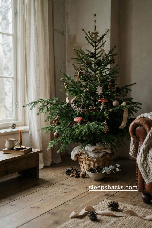 woodsy christmas tree with pinecones felt mushrooms acorns and rustic forest ornaments 