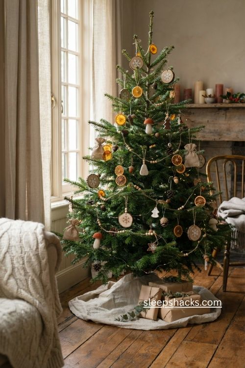 woodsy christmas tree with wood slice dried orange and burlap handmade ornaments 
