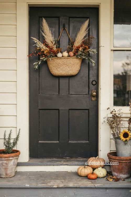 woven basket fall door decor with dried stems gourds and berries 