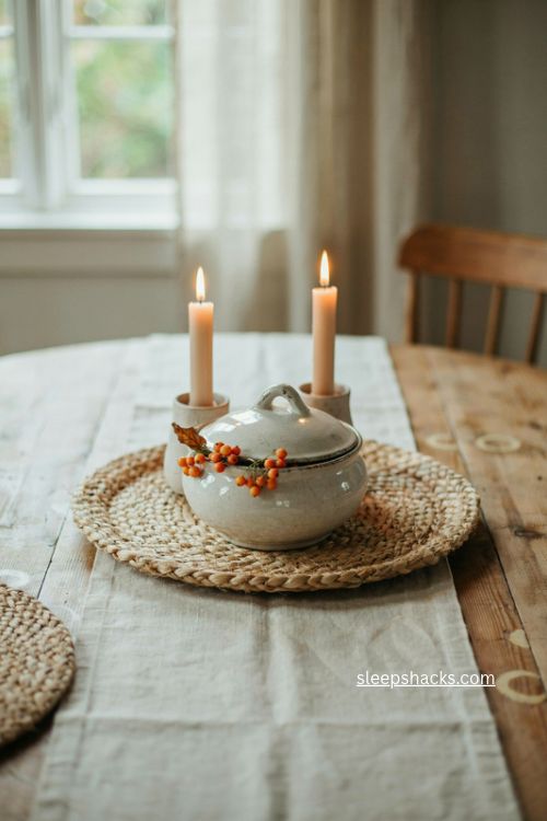 woven tray white tureen orange berries and candles simple fall table centerpiece 